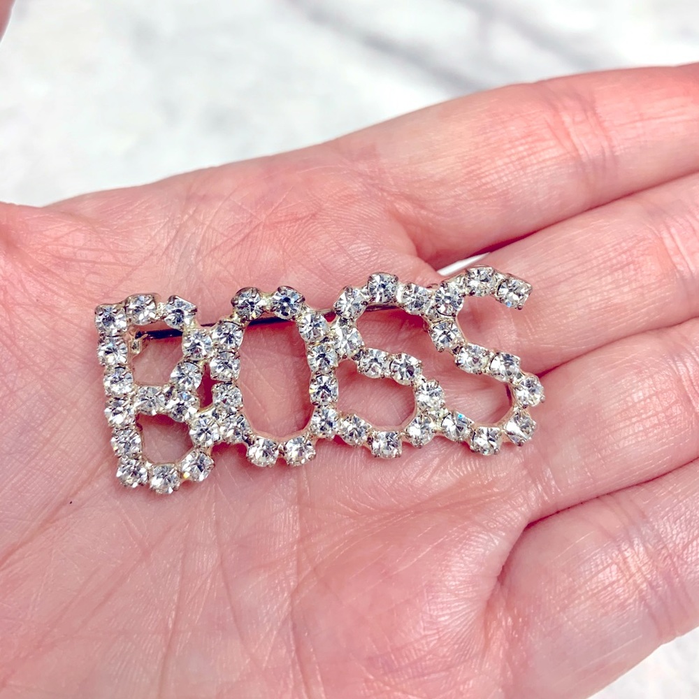 Vintage Silver Rhinestone Crystal Boss Brooch Pin